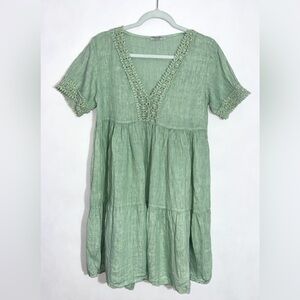 ELENA BALDI 100% LINEN KHAKI GREEN TAB SLEEVE DRESS ITALY SIZE S